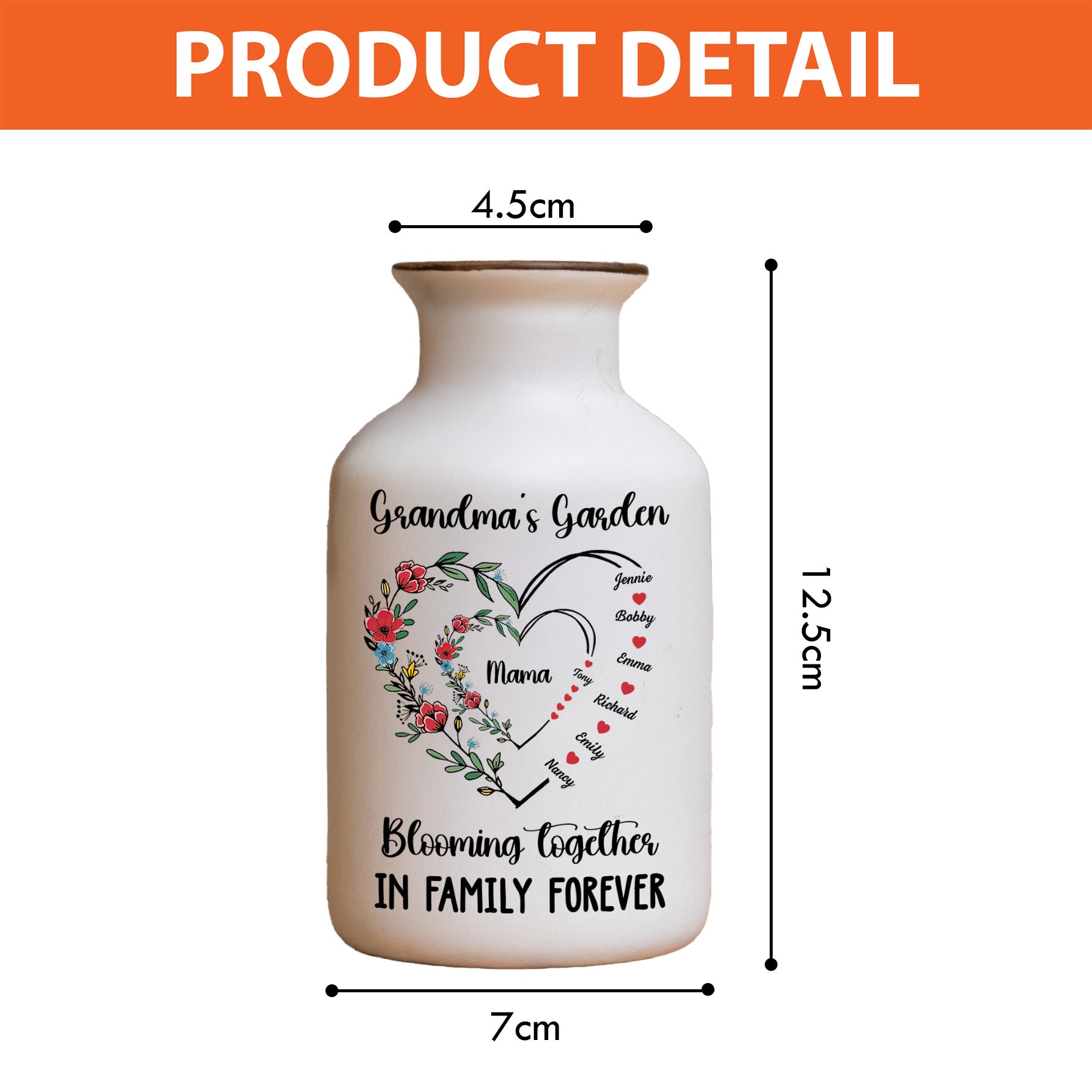 Grandma's Bloom Garden Personalized Flower Vase: Elegant white ceramic vase with custom name design.