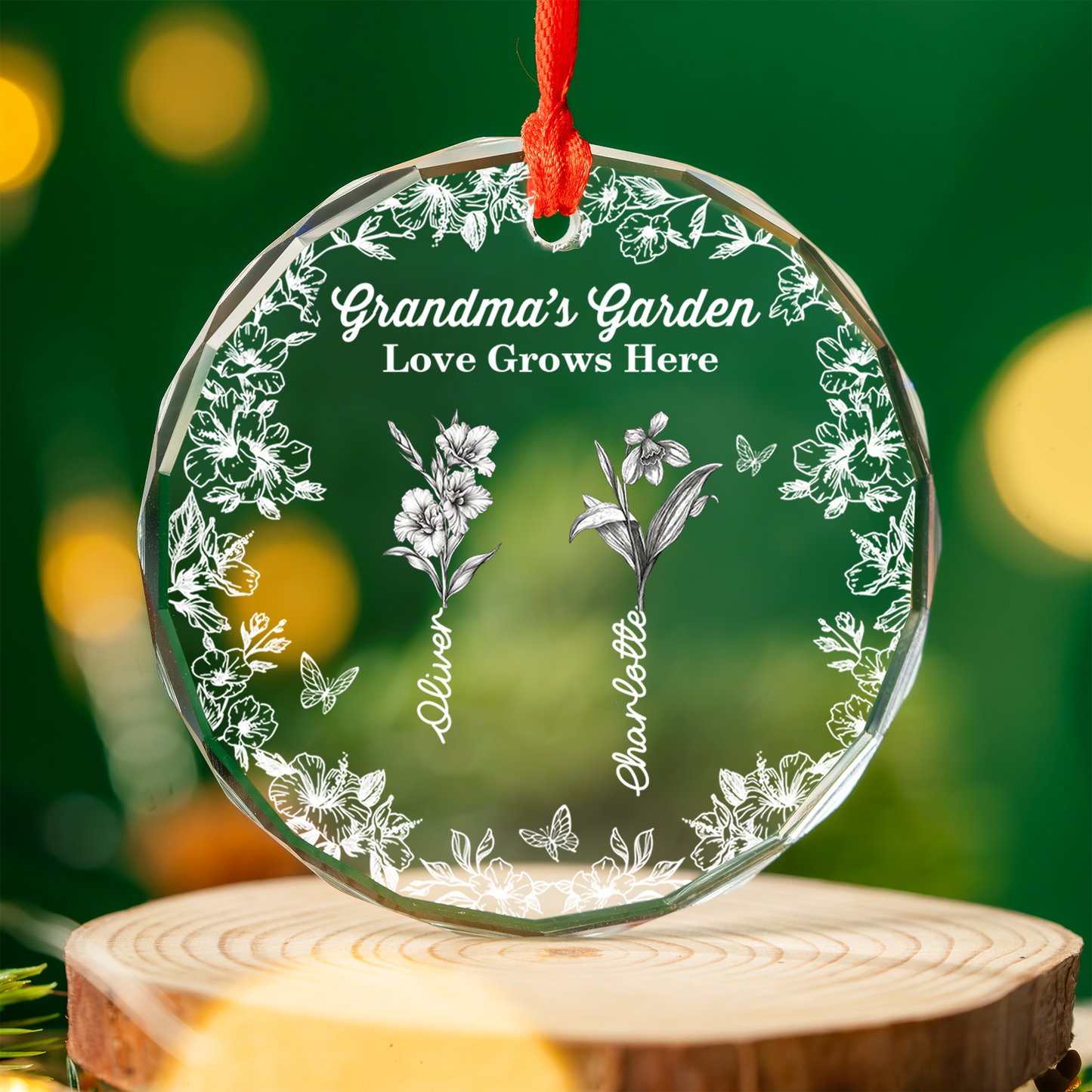 Grandma's Garden custom birth flower glass ornament. Personalized family keepsake.