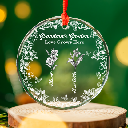 Grandma's Garden custom birth flower glass ornament. Personalized family keepsake.