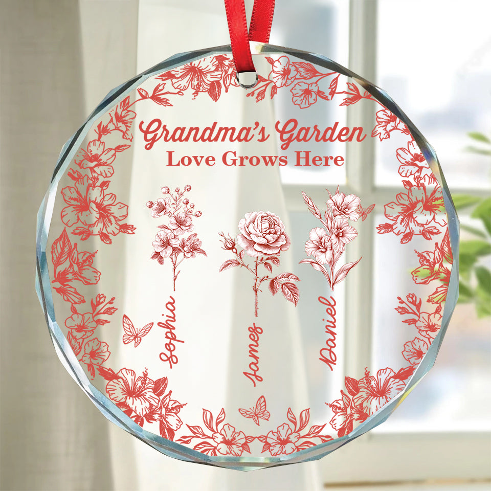 Grandma's Garden custom birth flower glass ornament. Personalized family keepsake.