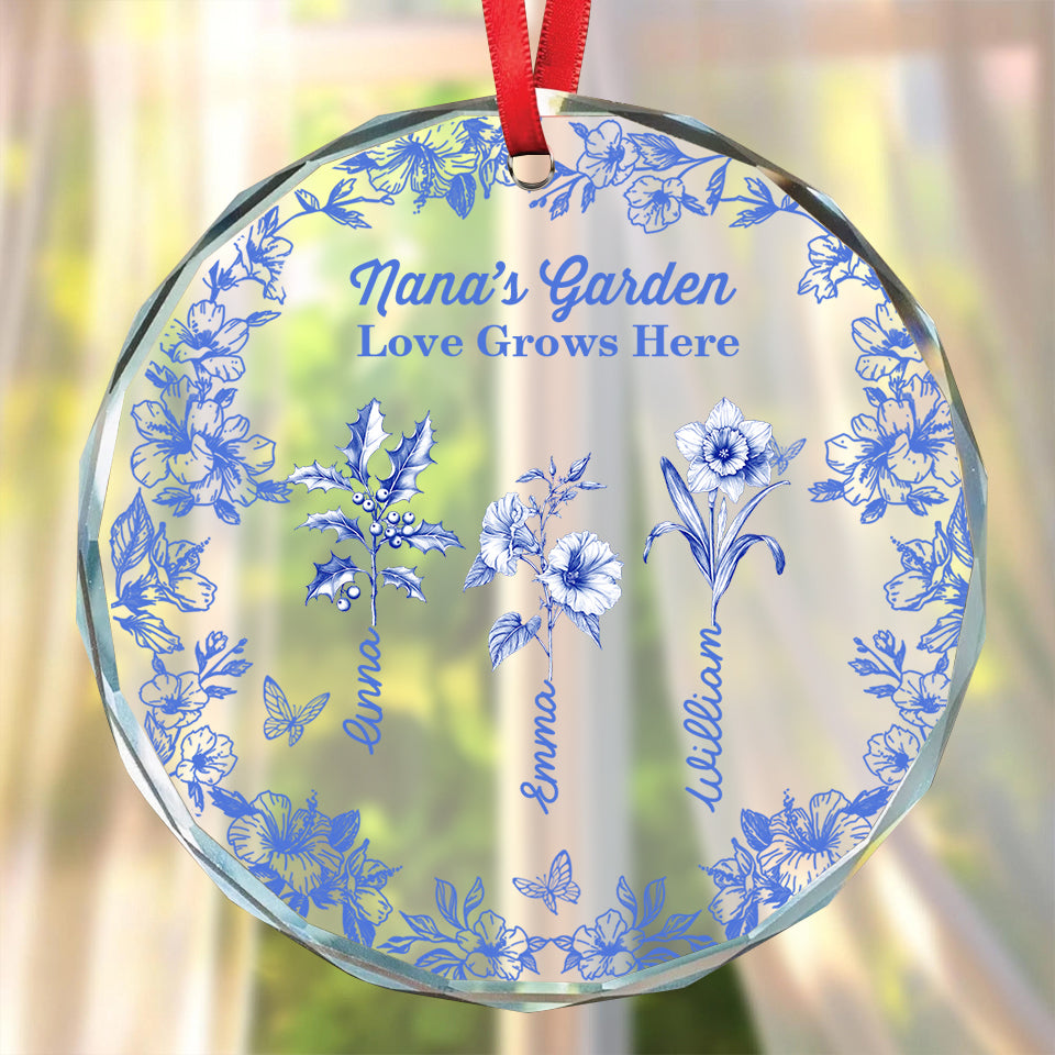 Grandma's Garden custom birth flower glass ornament. Personalized family keepsake.