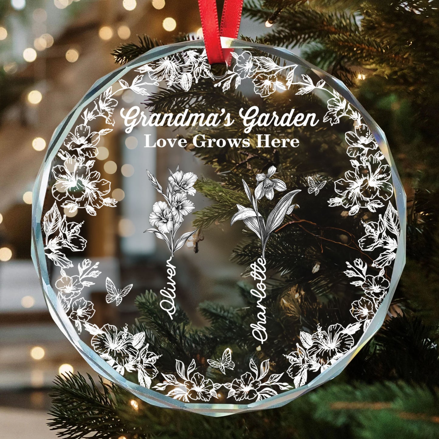 Grandma's Garden custom birth flower glass ornament. Personalized family keepsake.