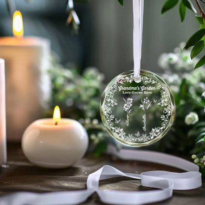 Grandma's Garden custom birth flower glass ornament. Personalized family keepsake.