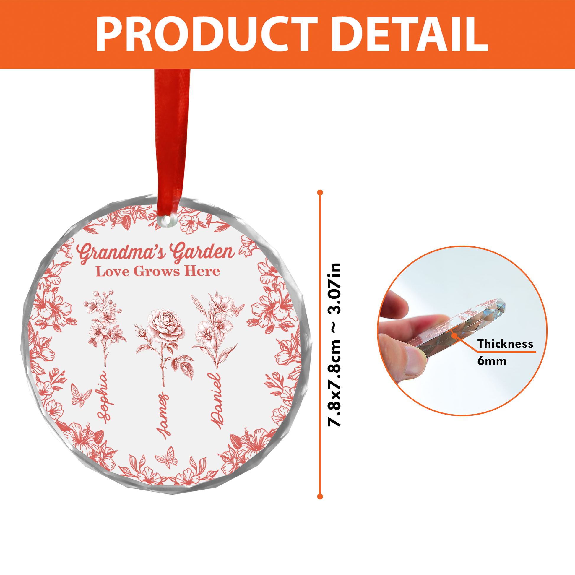 Grandma's Garden custom birth flower glass ornament. Personalized family keepsake.