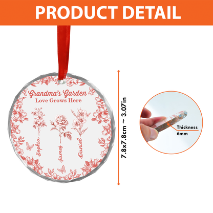 Grandma's Garden custom birth flower glass ornament. Personalized family keepsake.