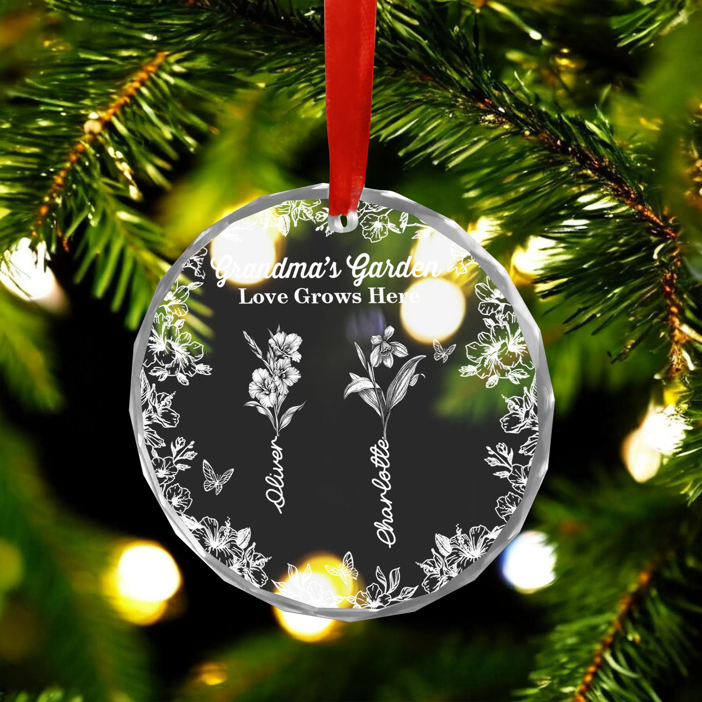 Grandma's Garden custom birth flower glass ornament. Personalized family keepsake.