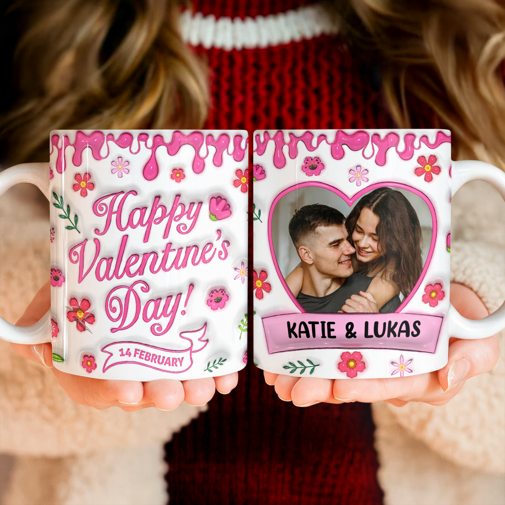 Happy Valentine's Day personalized coffee mug with 3D effect hearts and custom name.