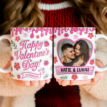 Happy Valentine's Day personalized coffee mug with 3D effect hearts and custom name.