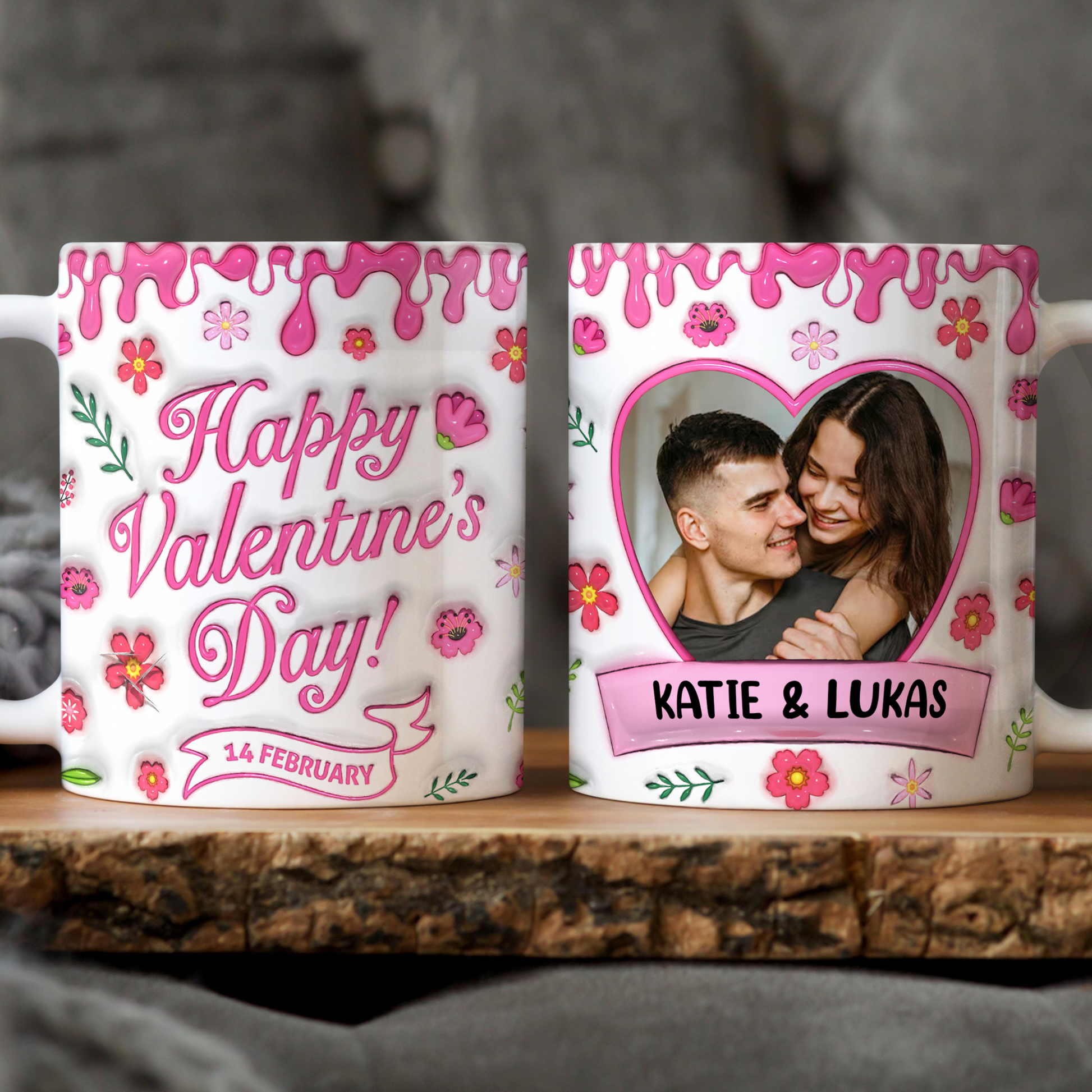 Happy Valentine's Day personalized coffee mug with 3D effect hearts and custom name.