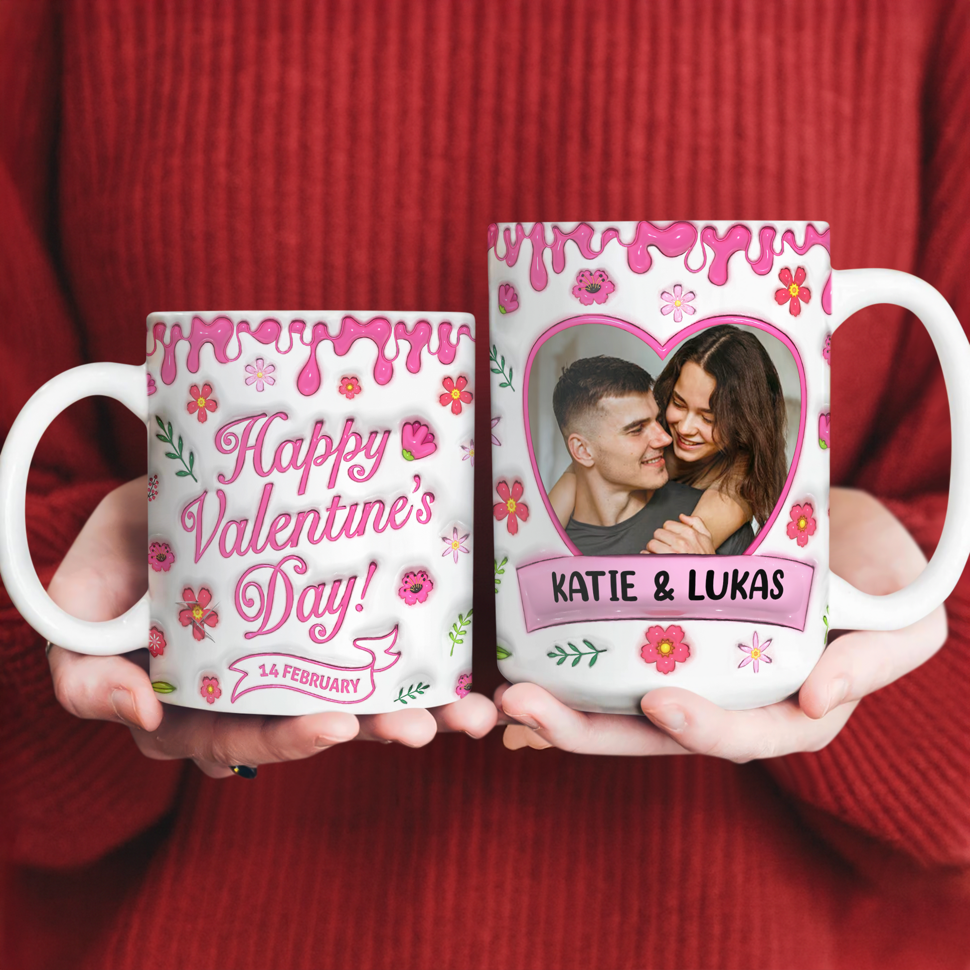 Happy Valentine's Day personalized coffee mug with 3D effect hearts and custom name.