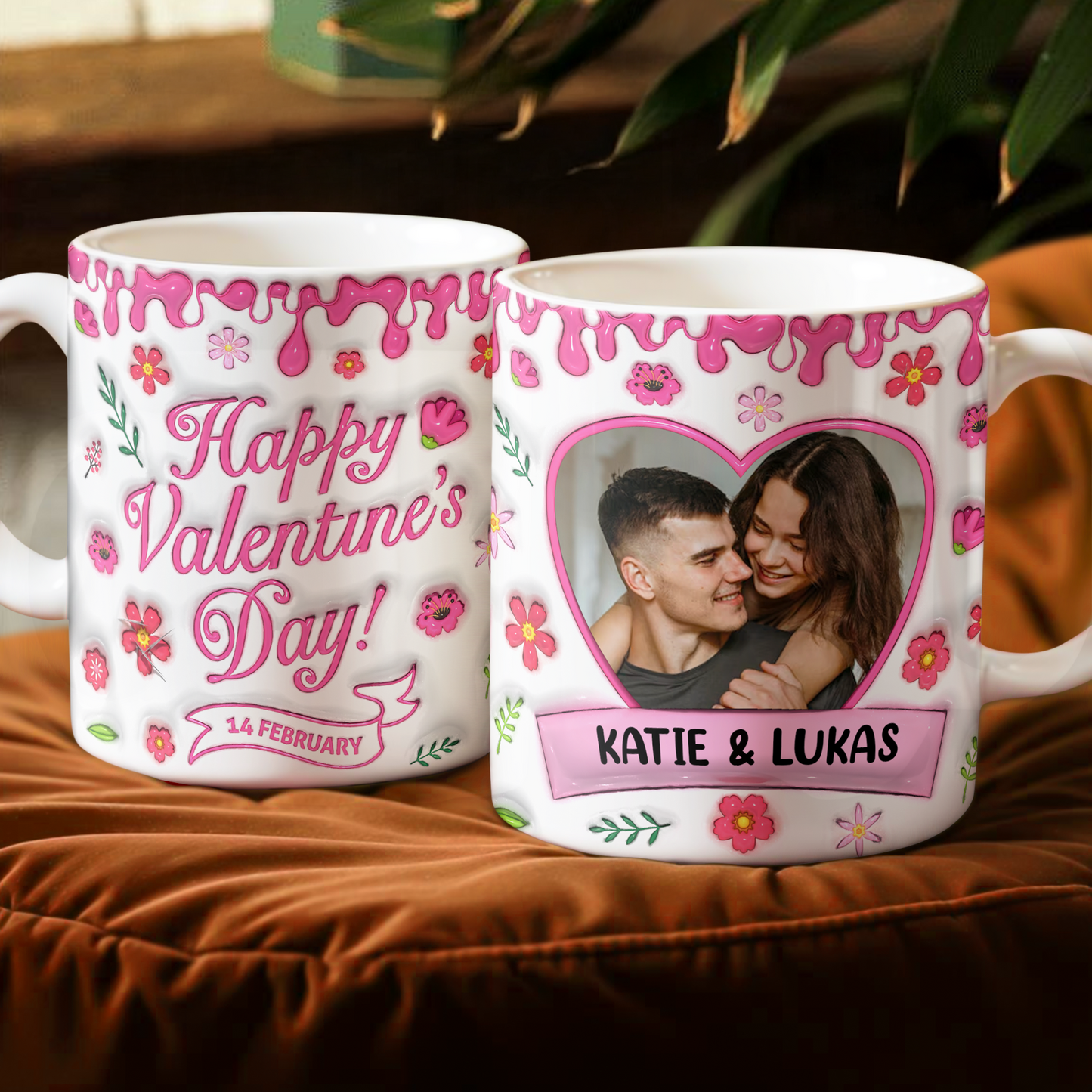Happy Valentine's Day personalized coffee mug with 3D effect hearts and custom name.