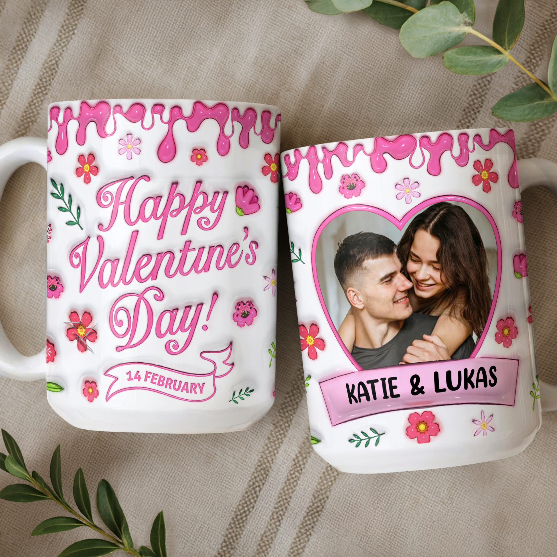 Happy Valentine's Day personalized coffee mug with 3D effect hearts and custom name.