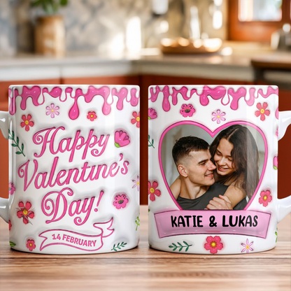 Happy Valentine's Day personalized coffee mug with 3D effect hearts and custom name.