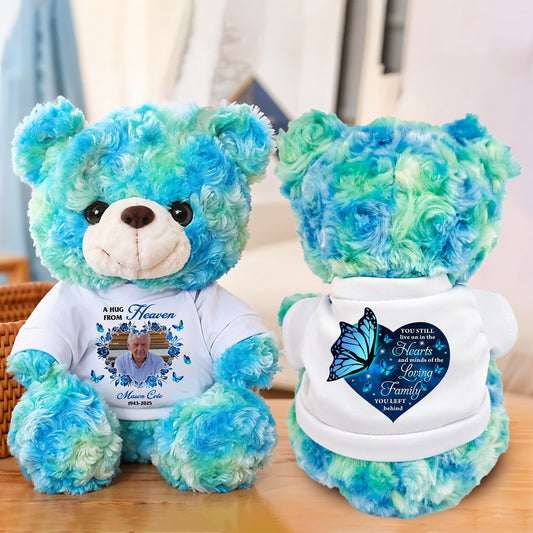 Personalized memorial teddy bear plush with "Hearts and Minds" design, a comforting keepsake.