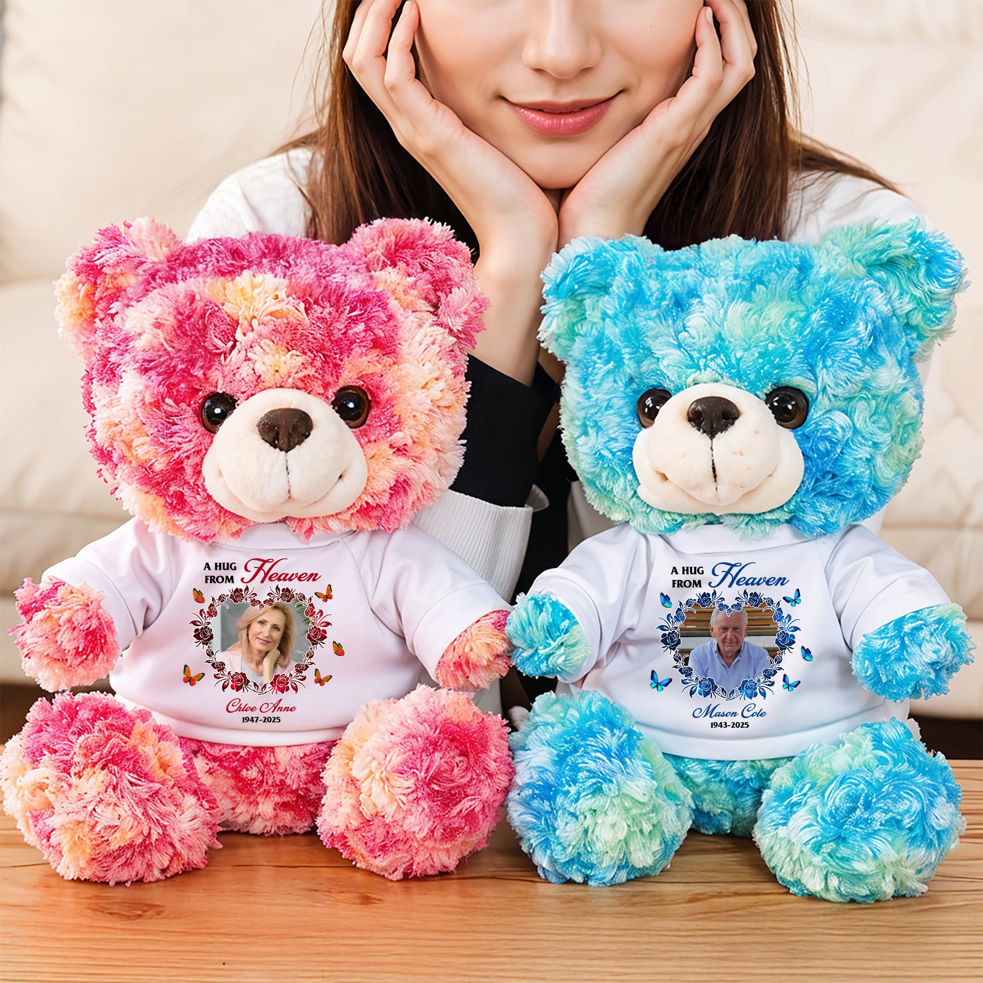 Personalized memorial teddy bear plush with "Hearts and Minds" design, a comforting keepsake.