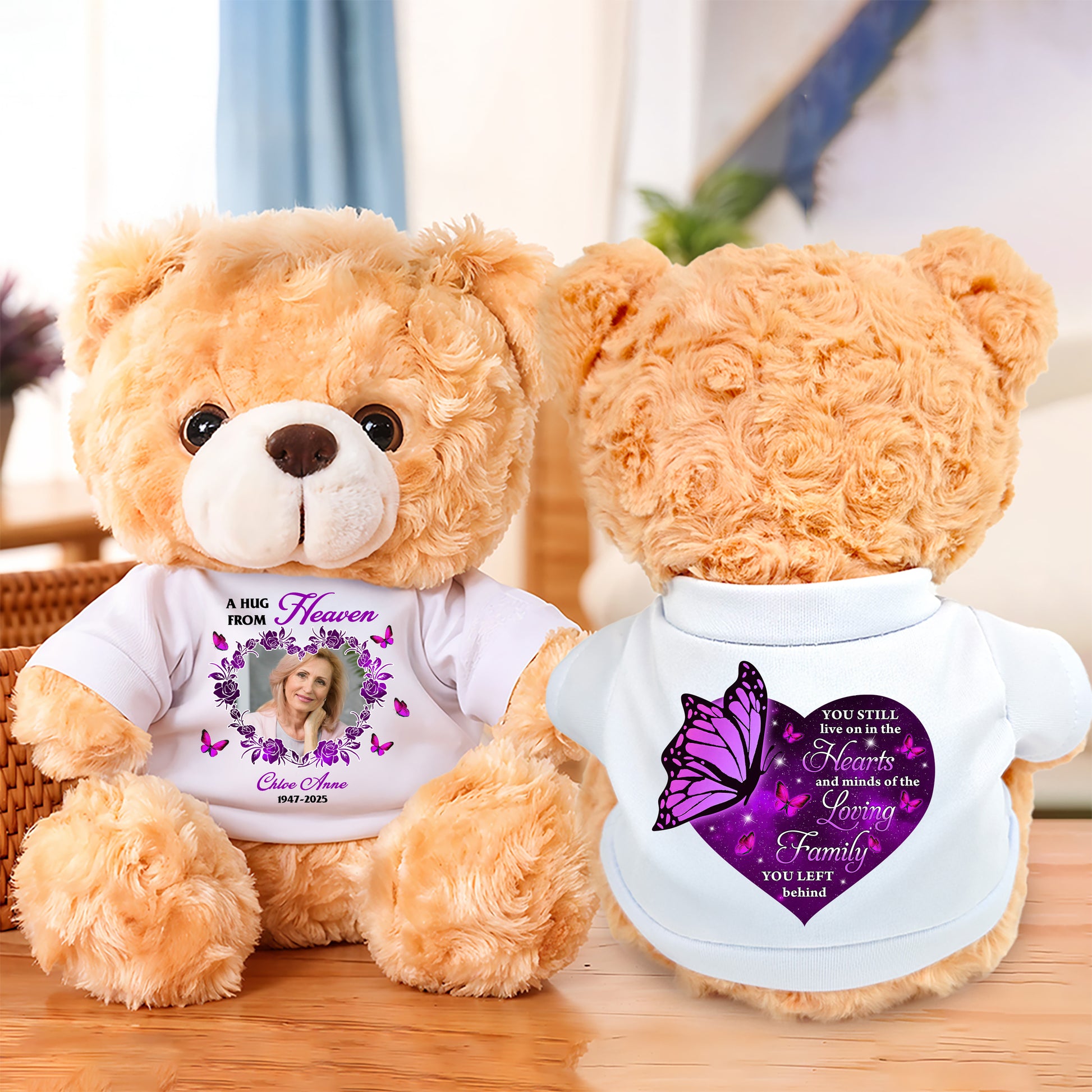 Personalized memorial teddy bear plush with "Hearts and Minds" design, a comforting keepsake.