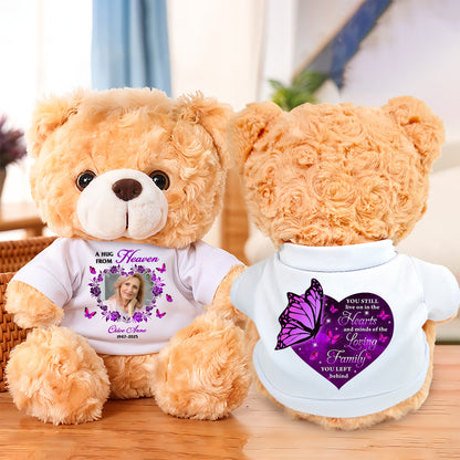 Personalized memorial teddy bear plush with "Hearts and Minds" design, a comforting keepsake.