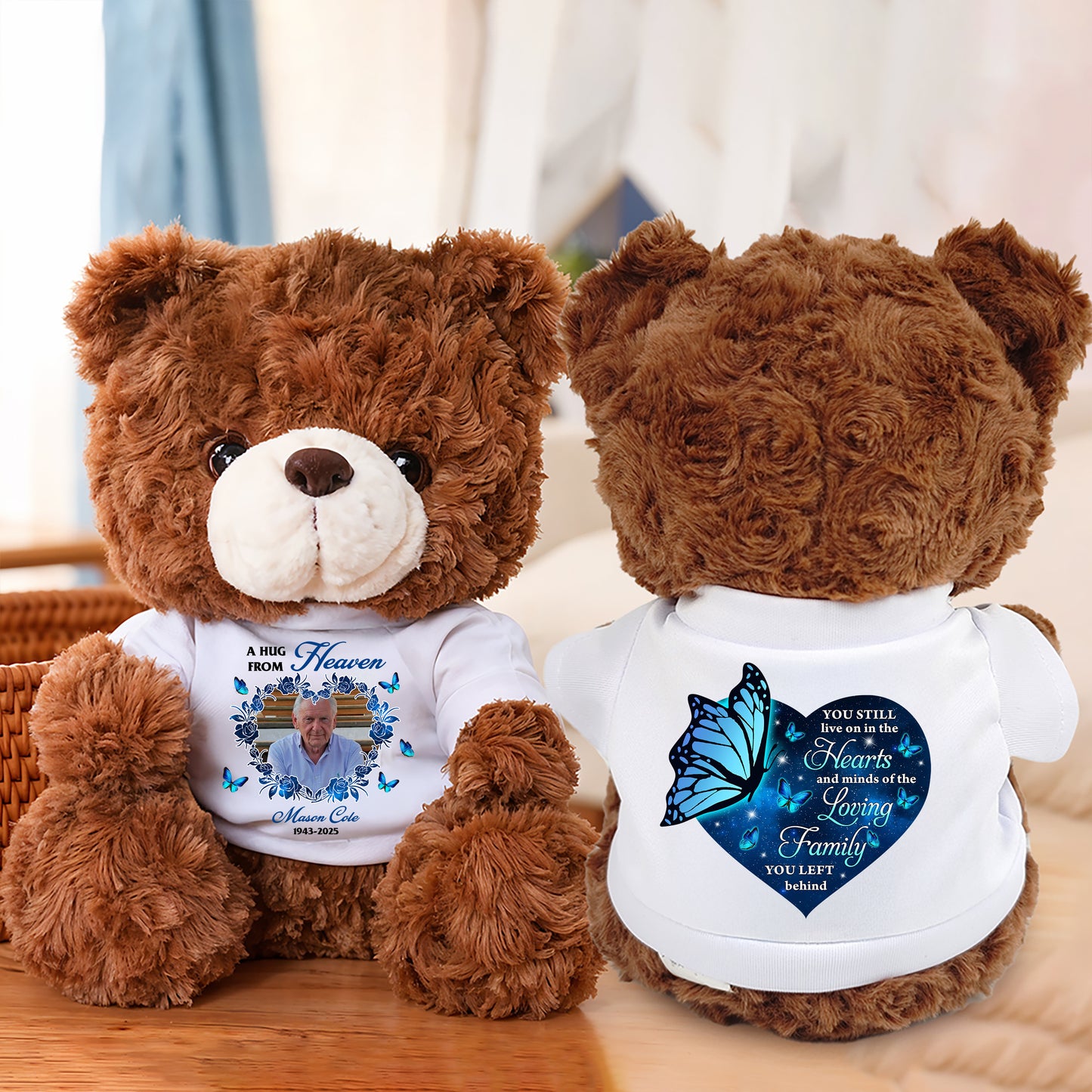 Personalized memorial teddy bear plush with "Hearts and Minds" design, a comforting keepsake.