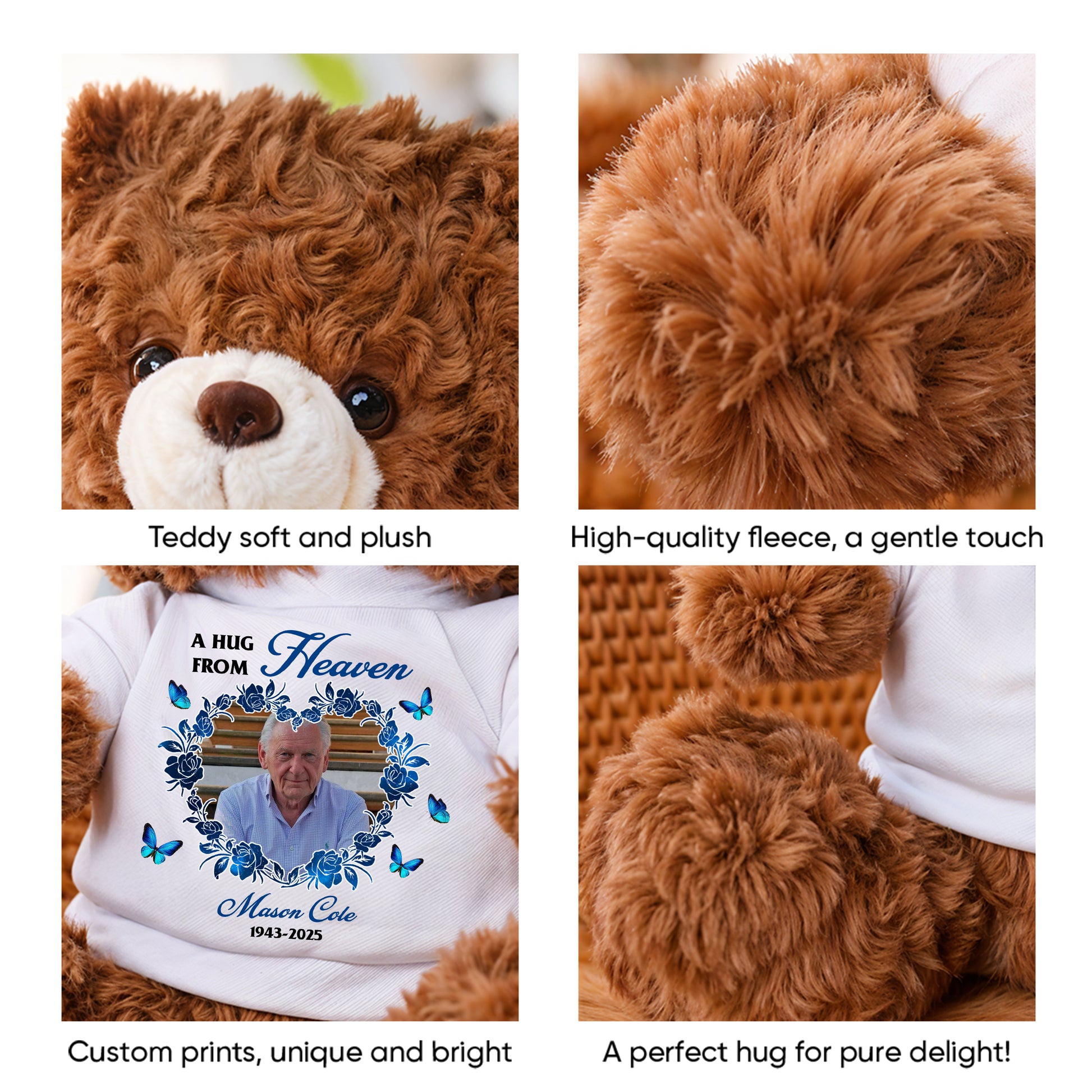 Personalized memorial teddy bear plush with "Hearts and Minds" design, a comforting keepsake.