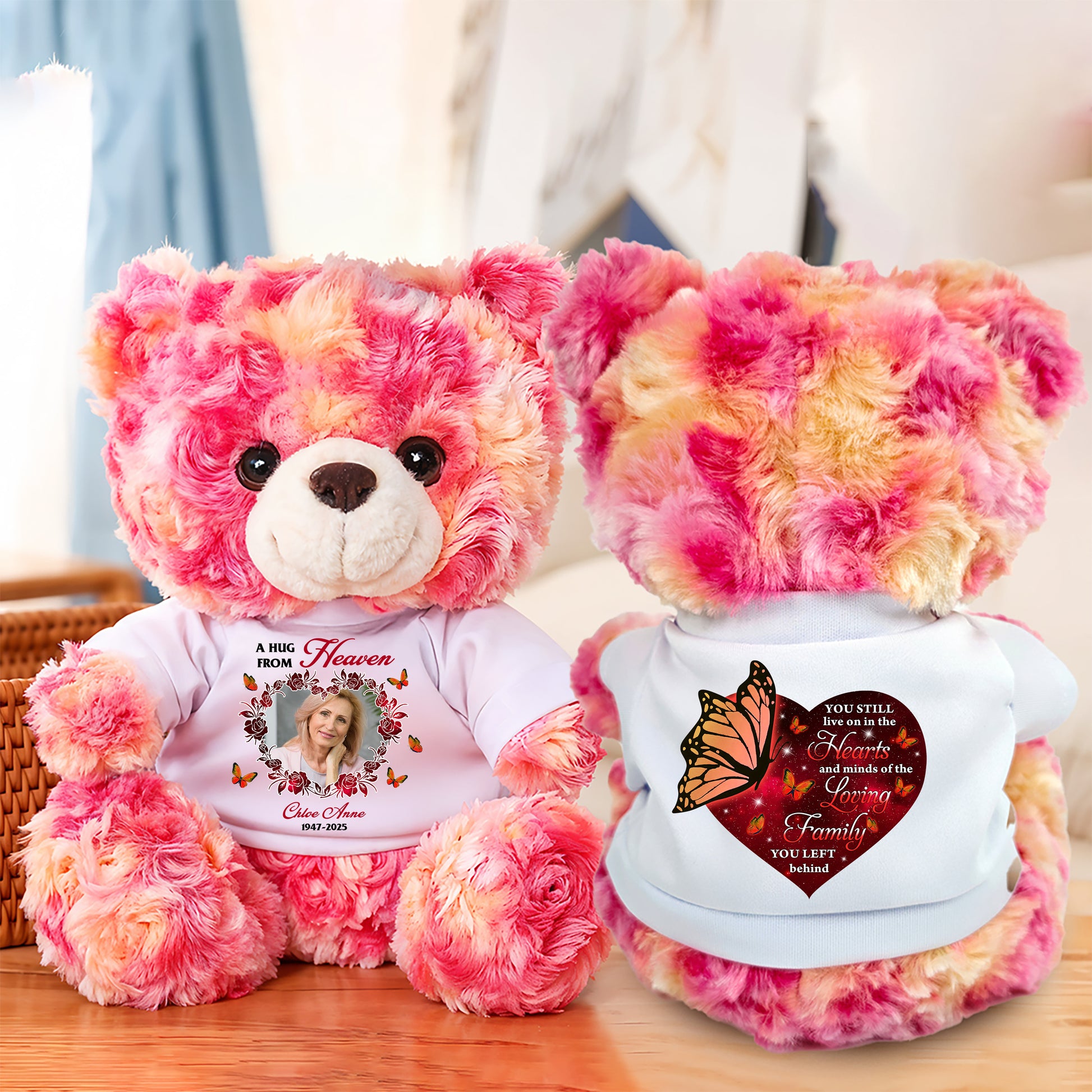 Personalized memorial teddy bear plush with "Hearts and Minds" design, a comforting keepsake.