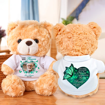 Personalized memorial teddy bear plush with "Hearts and Minds" design, a comforting keepsake.