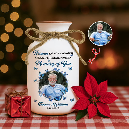 Personalized white ceramic flower vase with "Heaven Gained a Soul So True" design.