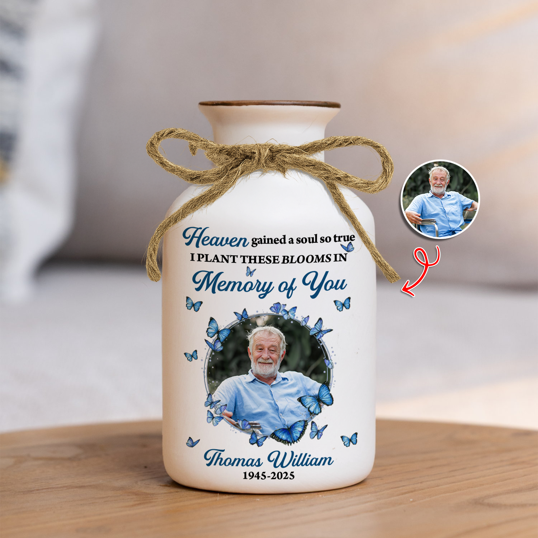 Personalized white ceramic flower vase with "Heaven Gained a Soul So True" design.