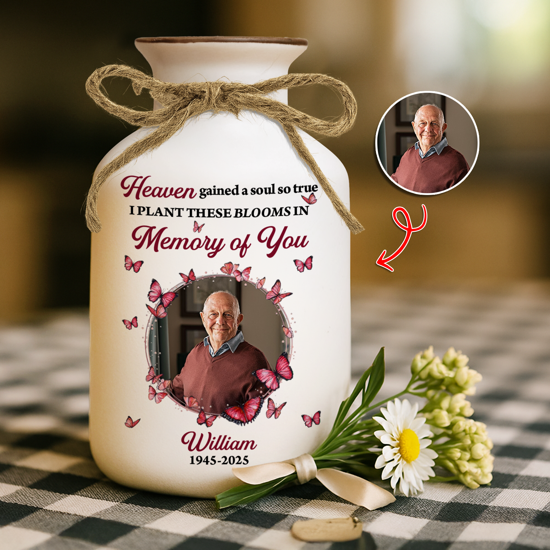 Personalized white ceramic flower vase with "Heaven Gained a Soul So True" design.