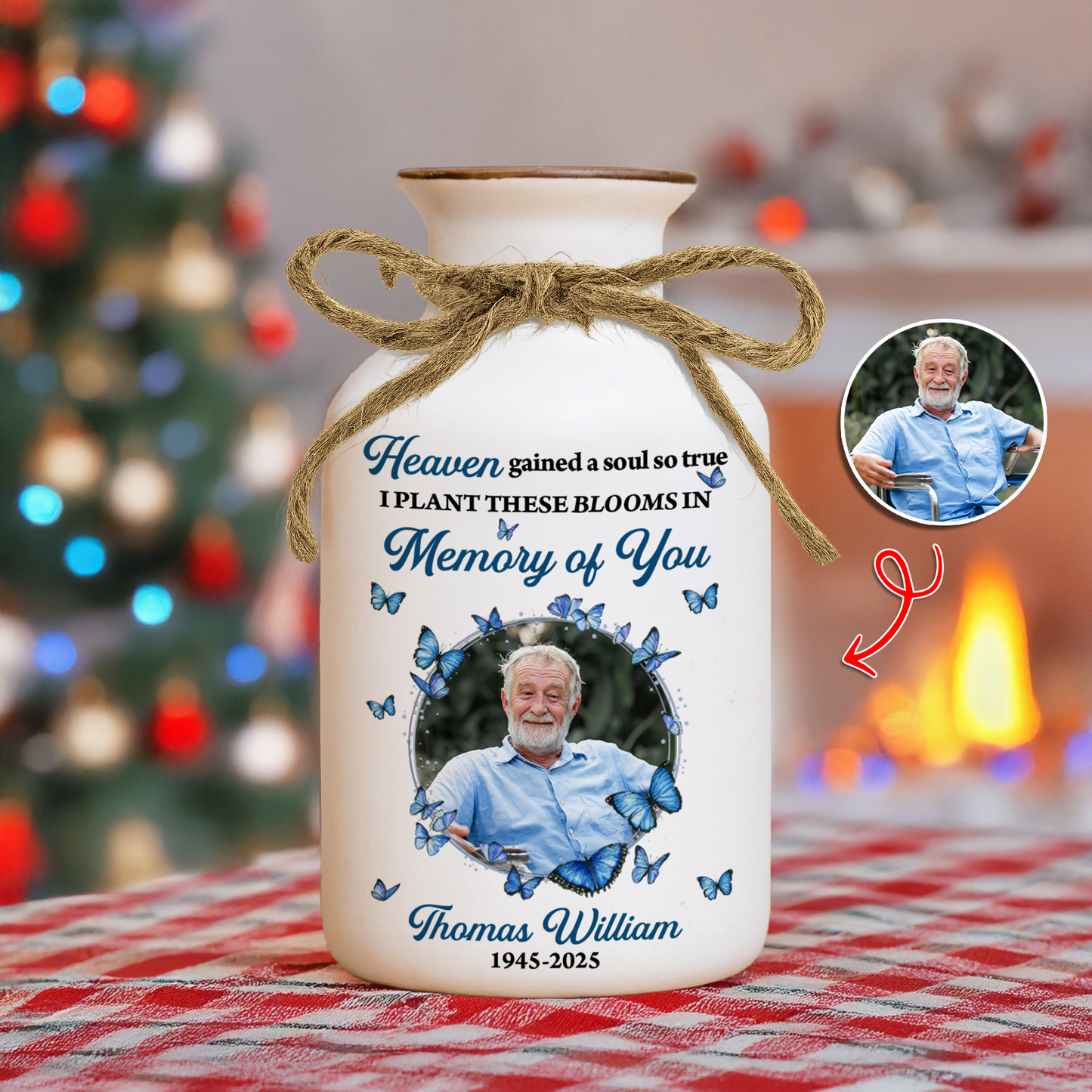 Personalized white ceramic flower vase with "Heaven Gained a Soul So True" design.