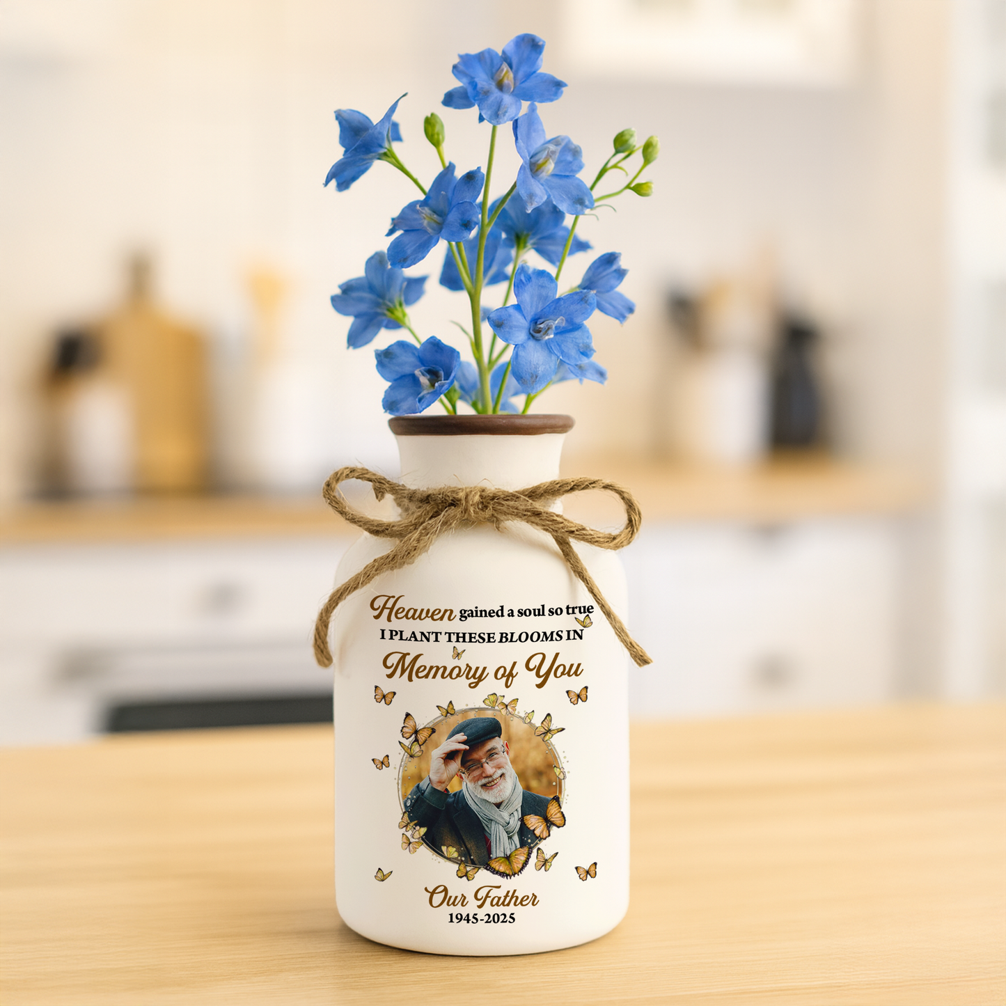 Personalized white ceramic flower vase with "Heaven Gained a Soul So True" design.