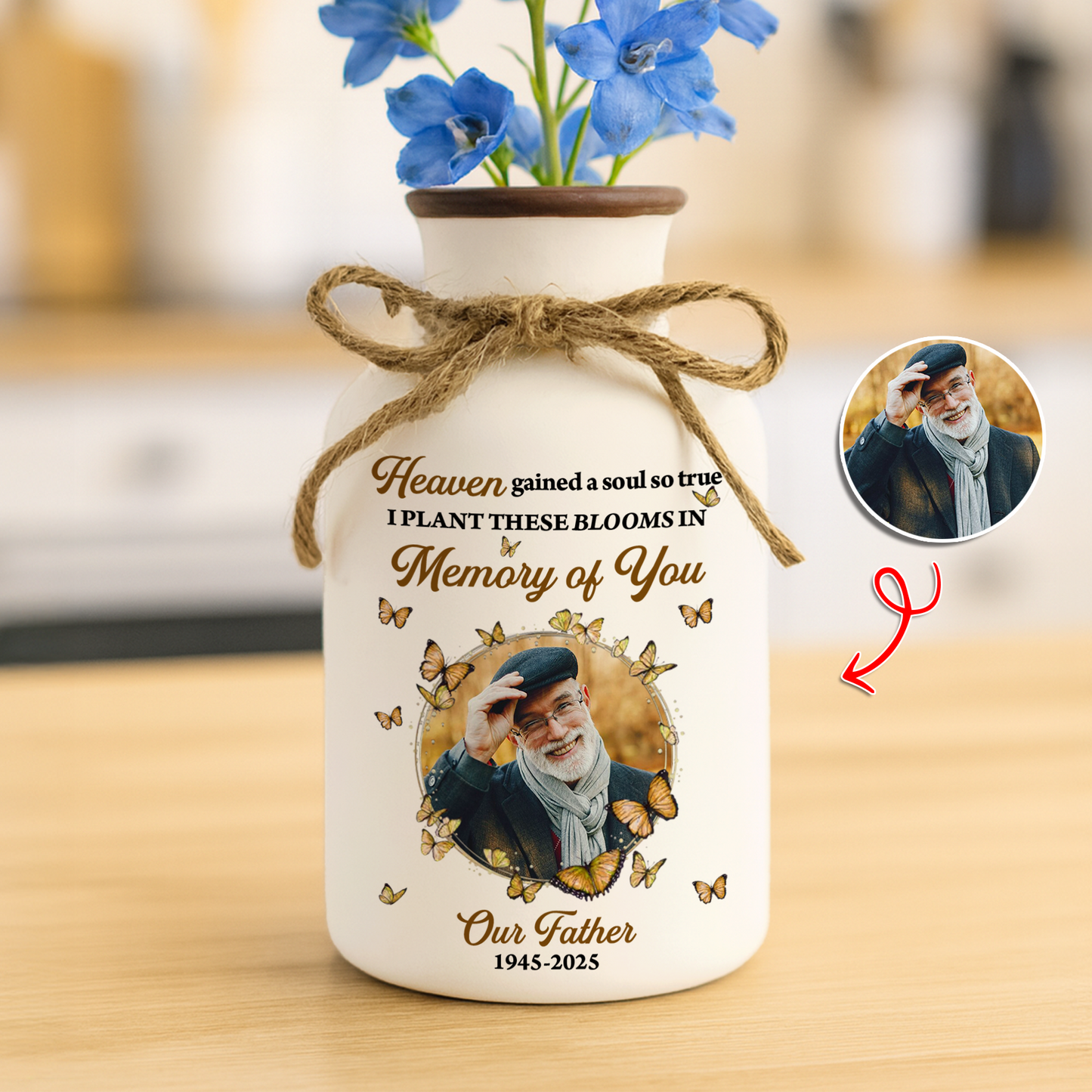 Personalized white ceramic flower vase with "Heaven Gained a Soul So True" design.
