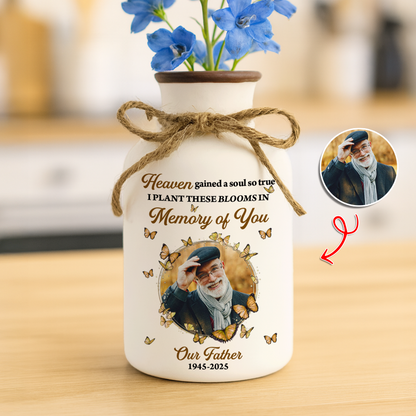 Personalized white ceramic flower vase with "Heaven Gained a Soul So True" design.