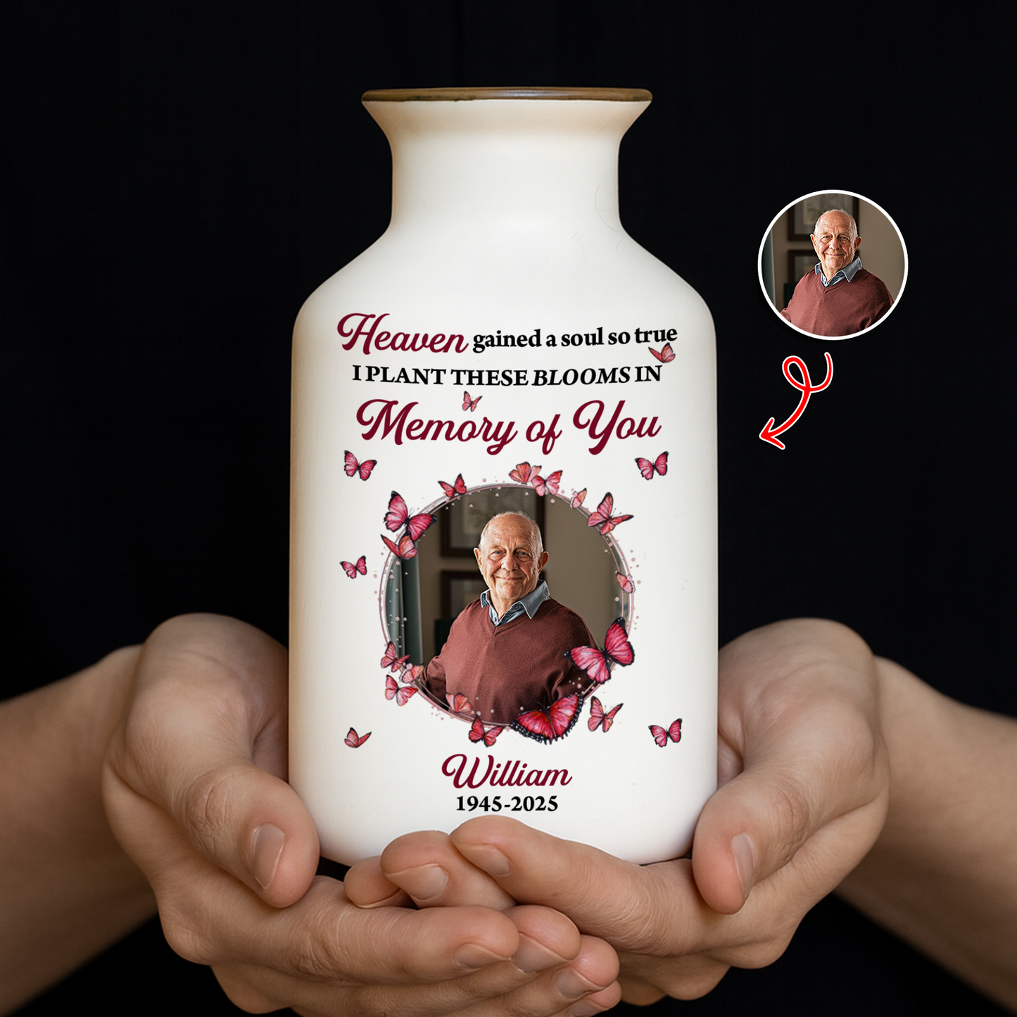 Personalized white ceramic flower vase with "Heaven Gained a Soul So True" design.