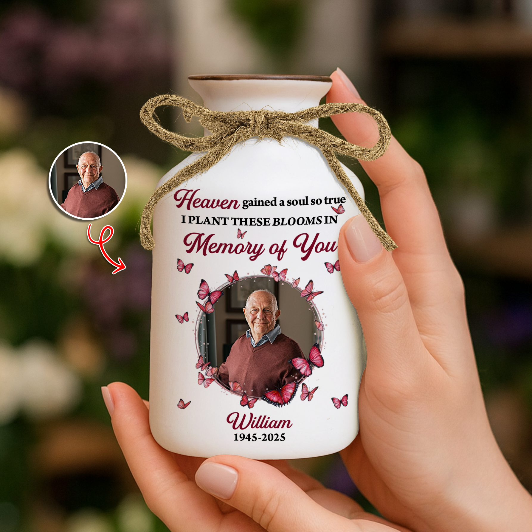 Personalized white ceramic flower vase with "Heaven Gained a Soul So True" design.