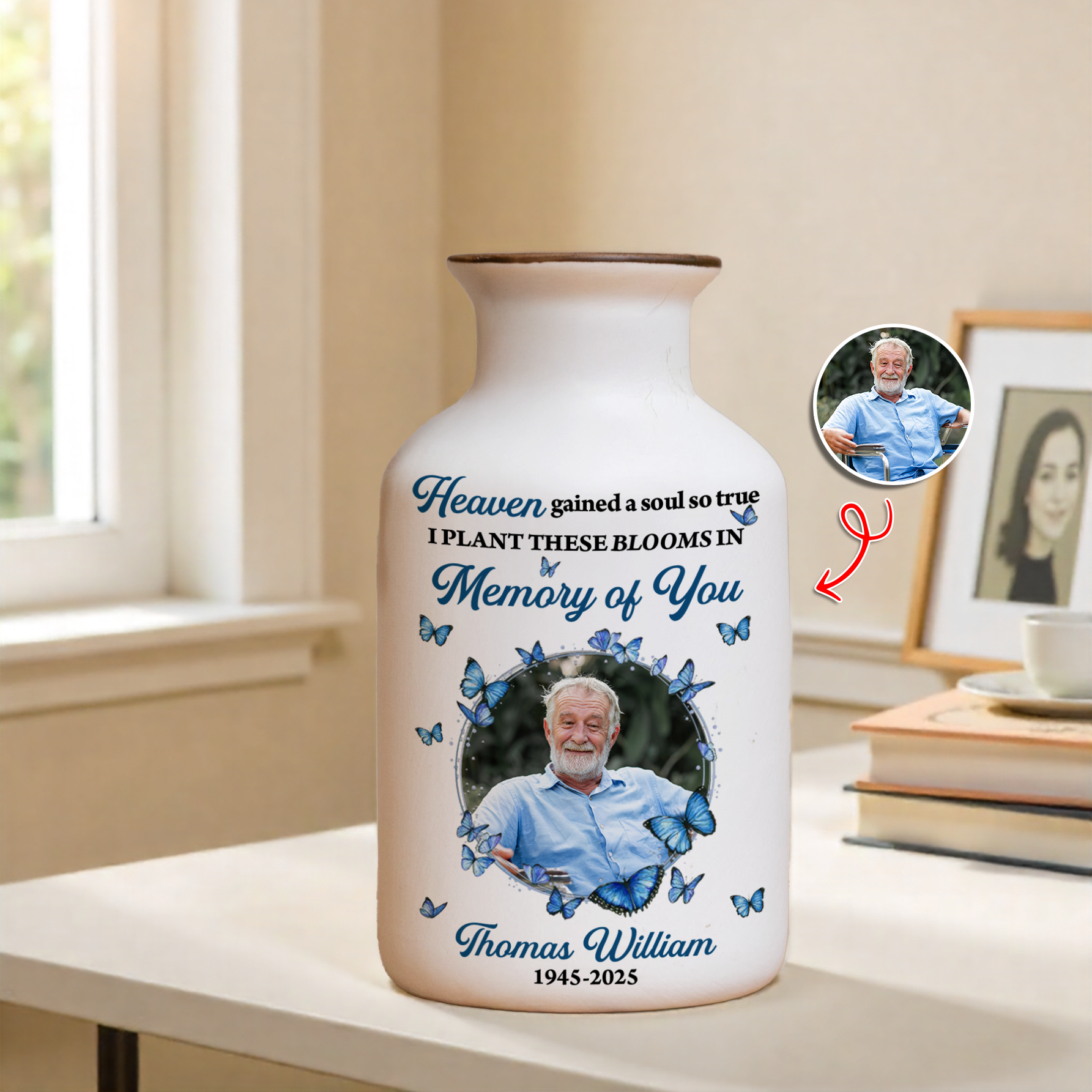 Personalized white ceramic flower vase with "Heaven Gained a Soul So True" design.