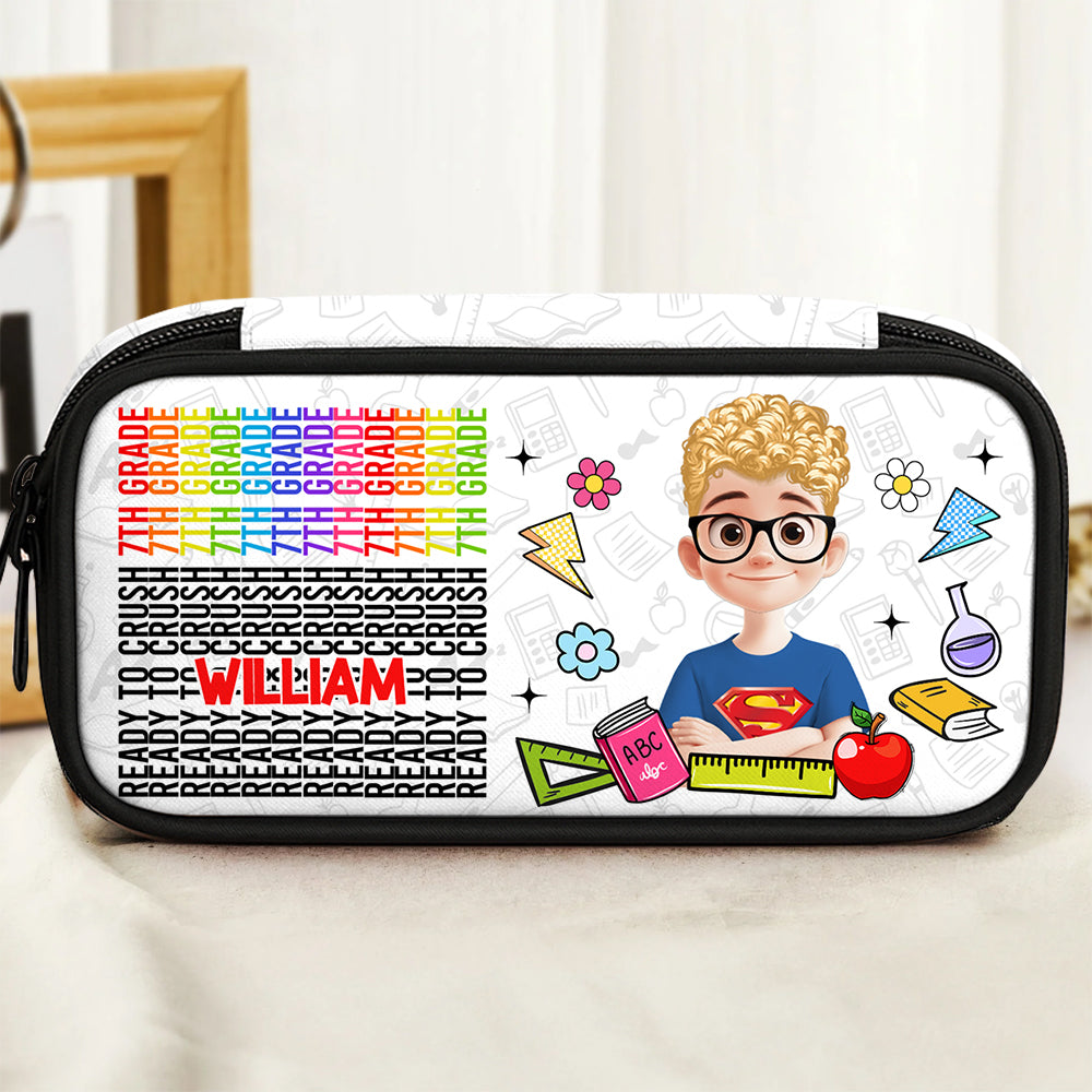 Personalized Pencil Case with "Ready to Crush" design and hidden message reveal.