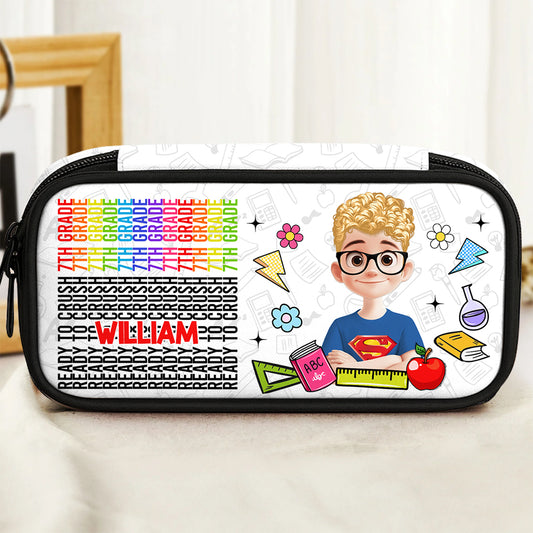 Personalized Pencil Case with "Ready to Crush" design and hidden message reveal.