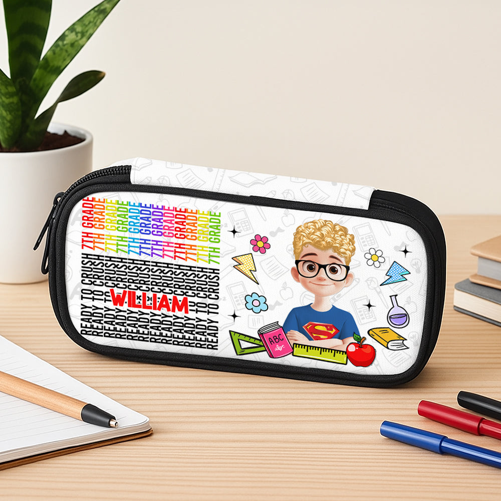 Personalized Pencil Case with "Ready to Crush" design and hidden message reveal.