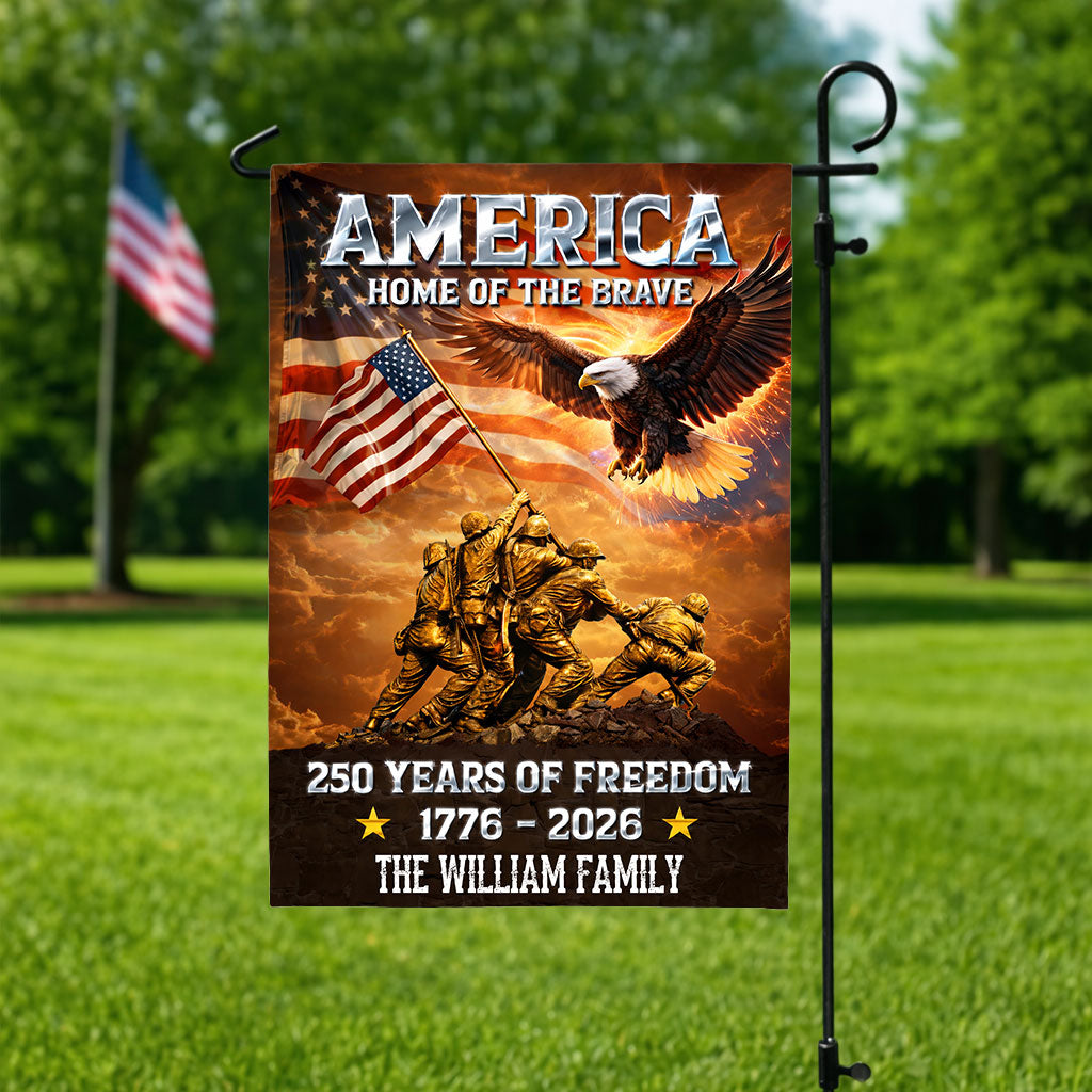 Personalized "Home of the Brave" garden flag celebrating America's 250th anniversary.