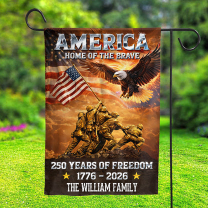 Personalized "Home of the Brave" garden flag celebrating America's 250th anniversary.