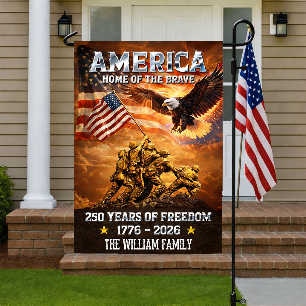 Personalized "Home of the Brave" garden flag celebrating America's 250th anniversary.