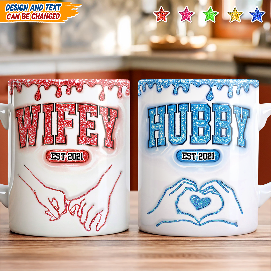 Hubby and Wifely Couple Mug. Personalized coffee mugs with a 3D effect.