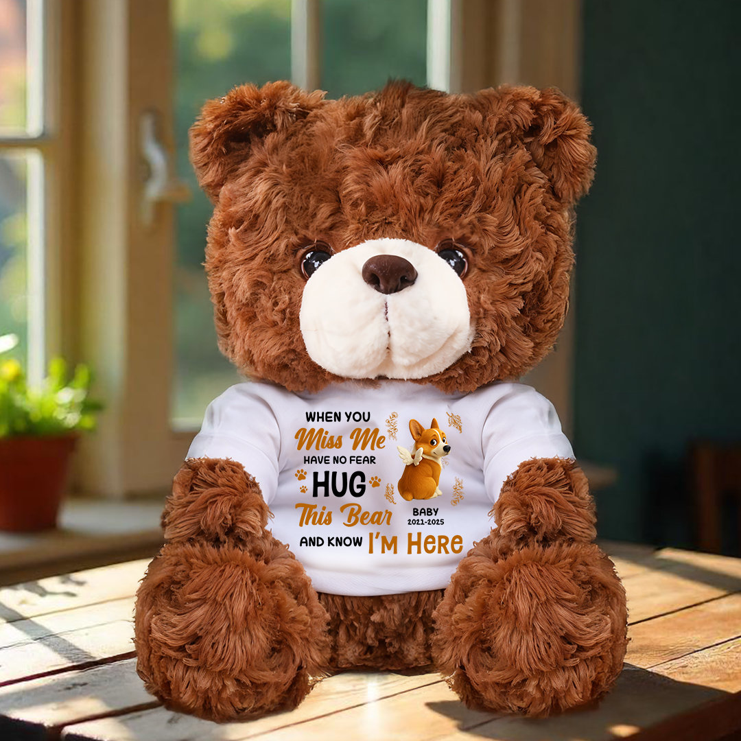 Personalized pet memorial teddy bear plush with "Hug Me Have No Fear" message.