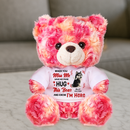 Personalized pet memorial teddy bear plush with "Hug Me Have No Fear" message.