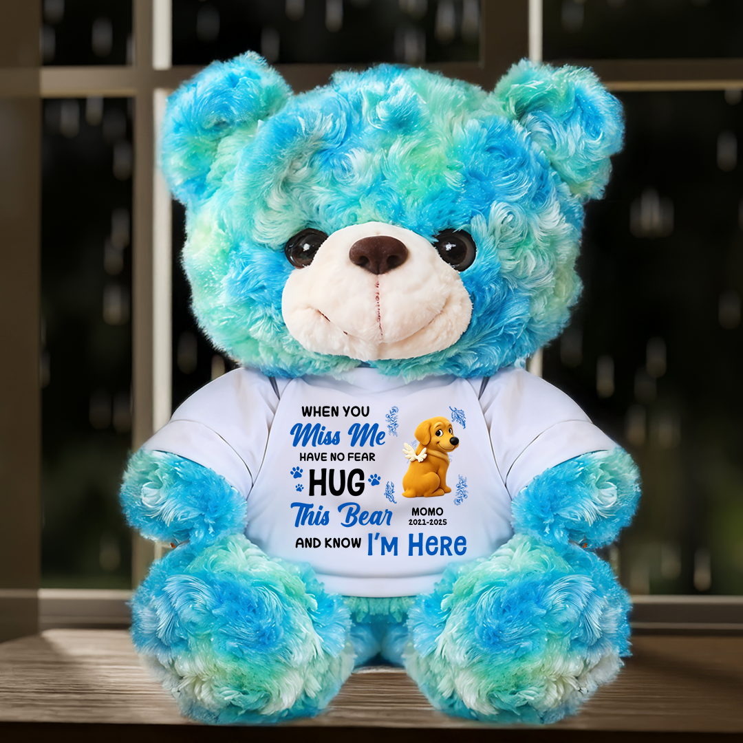 Personalized pet memorial teddy bear plush with "Hug Me Have No Fear" message.