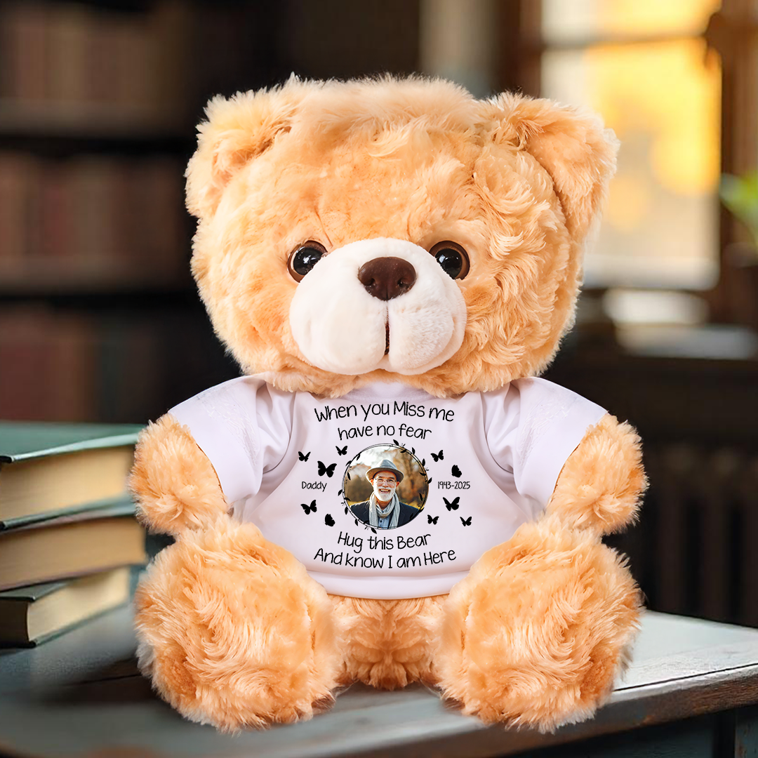 Personalized memorial teddy bear with custom text, a comforting sympathy gift.