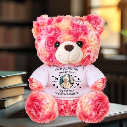 Personalized memorial teddy bear with custom text, a comforting sympathy gift.