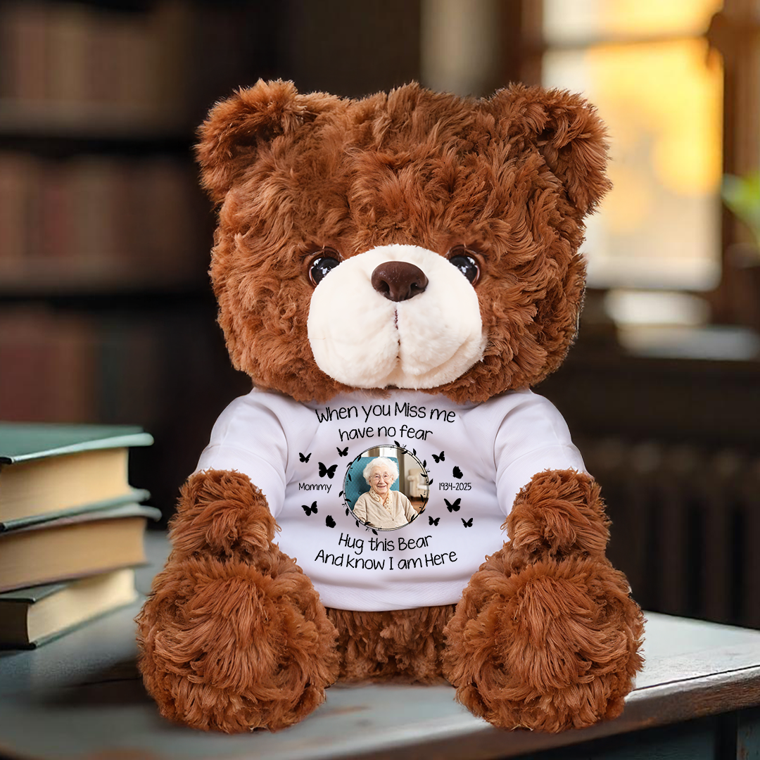 Personalized memorial teddy bear with custom text, a comforting sympathy gift.