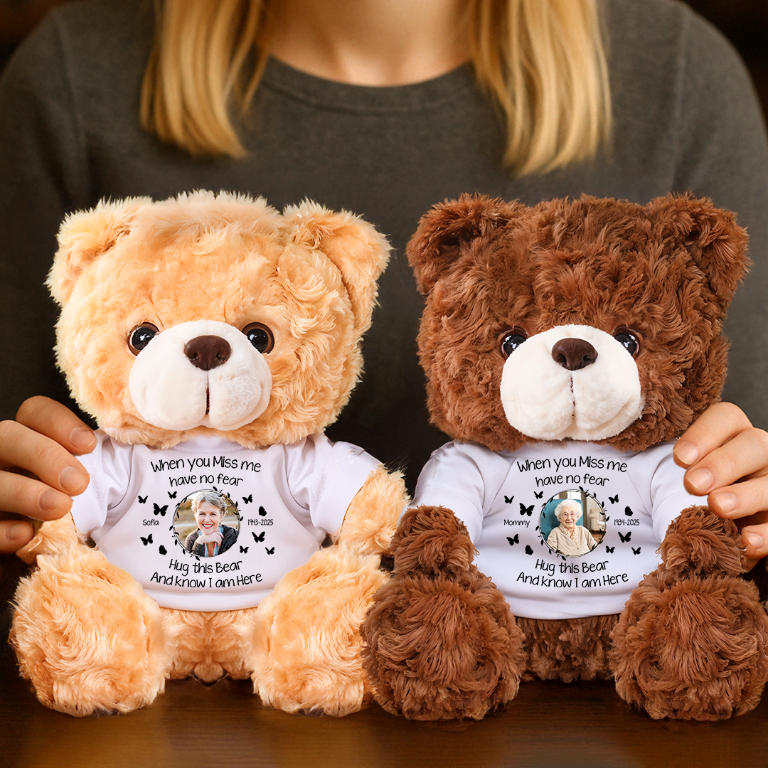Personalized memorial teddy bear with custom text, a comforting sympathy gift.