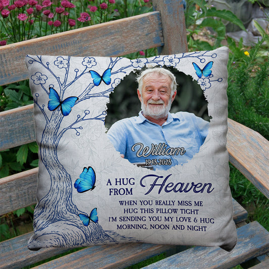Personalized "Hug This Pillow" memorial gift with custom photo and text.